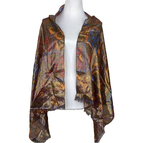 Bally‎ Women's Gold Vintage 80s Metallic Silk Wool Artesian Floral Scarf 26x60 - Picture 1 of 9